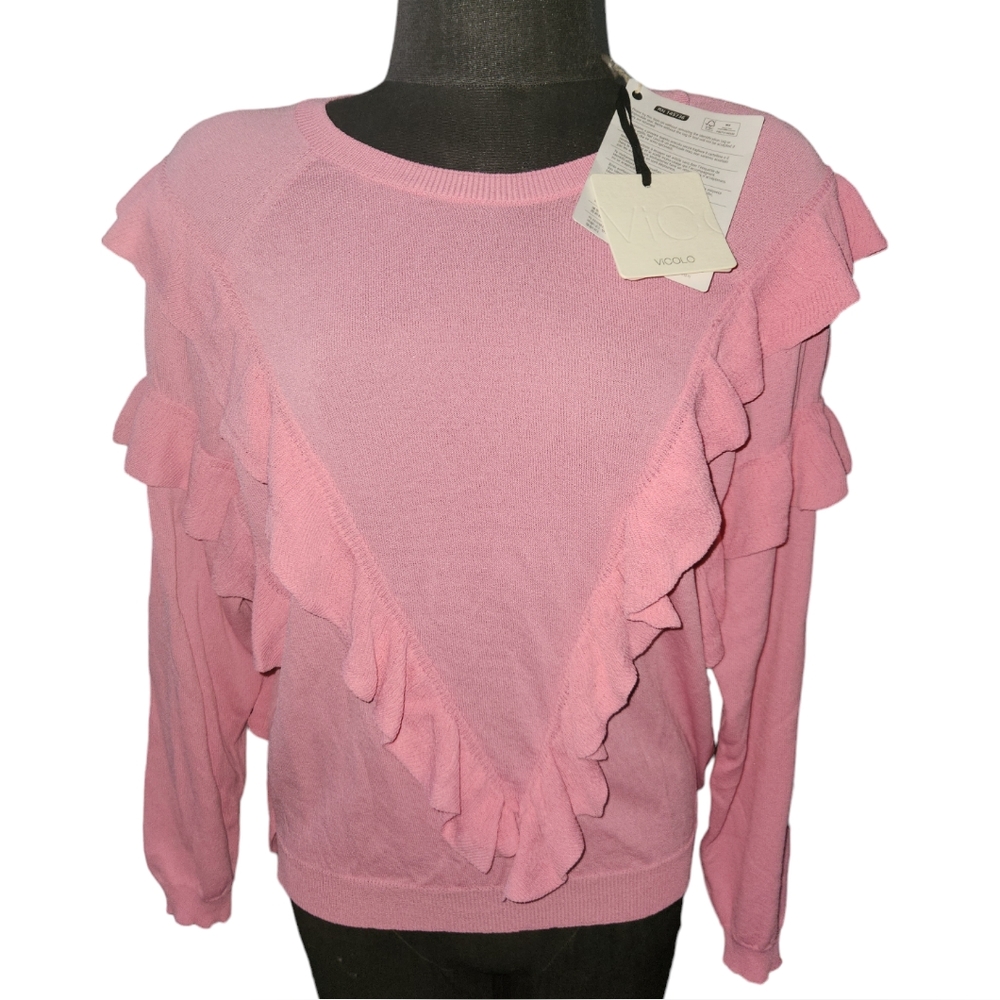 NWT Boutique Vicolo Knitwear made in Italy Pink Ruffle Sweater sz M